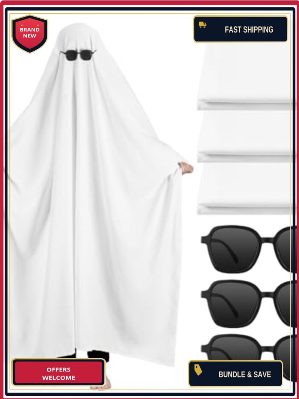 6 Pc White Sheet Ghost Costume Set Adult Halloween Dress & Sunglasses